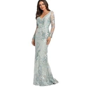 MAC DUGGAL Seamist Embellished V Neck Illusion Long Sleeve Gown